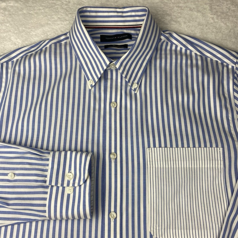 Tommy Hilfiger Shirt Men's 16-34/35 Blue/White Stripes-Contrast Pocket Slim Fit